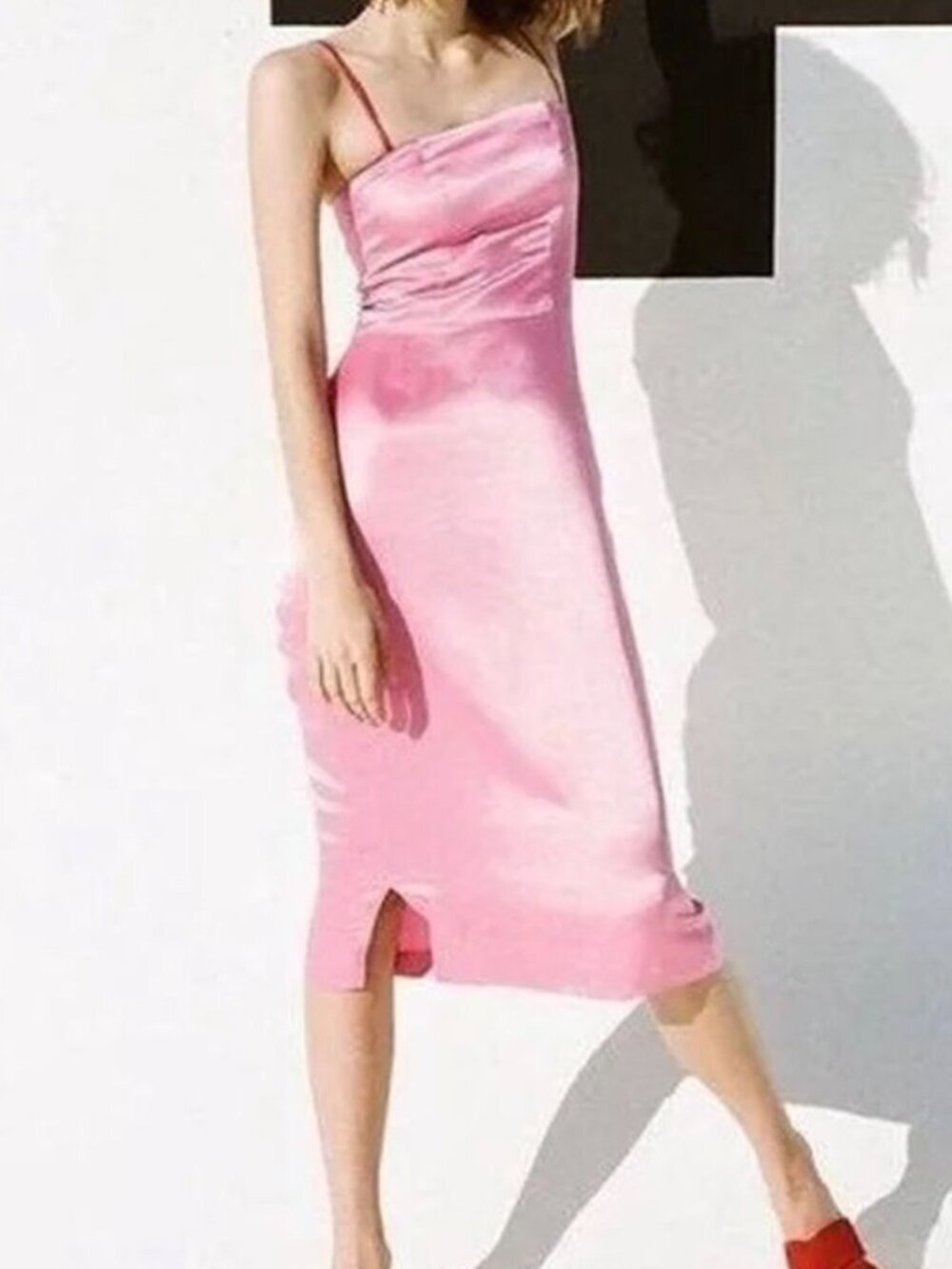 Staud Pink Satin Square Neck Midi Slip Dress S​